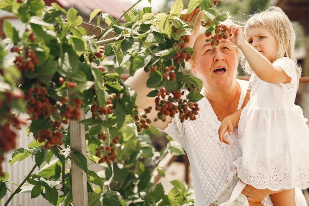 Grandmother and granddaughter enjoyed in the garden