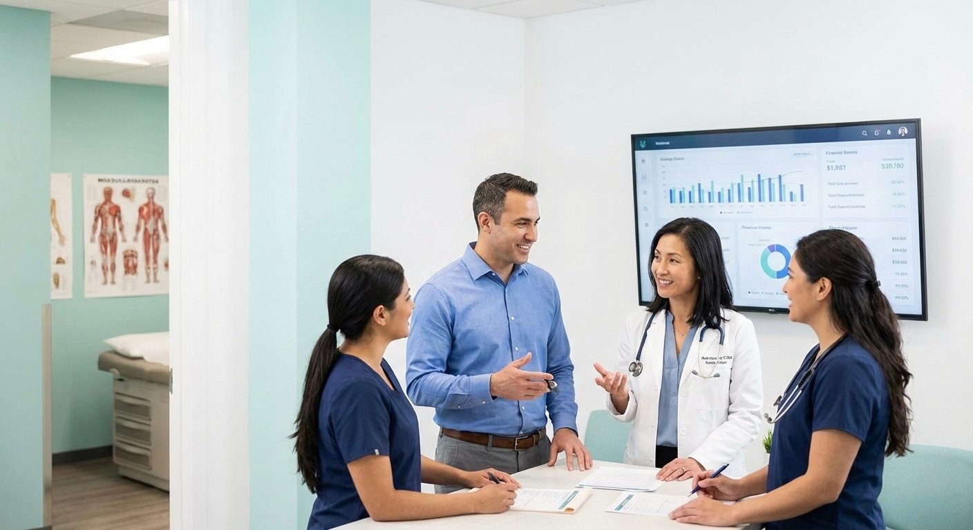A multidisciplinary medical team, including a doctor and staff, reviewing financial growth charts and treatment plans during a collaborative strategy meeting in a modern regenerative medicine clinic.