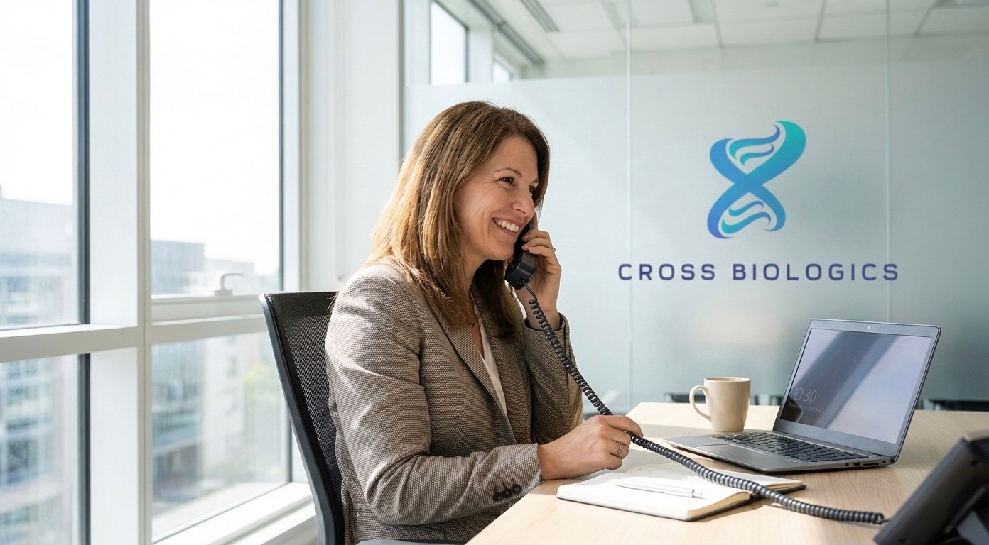 A friendly Cross Biologics representative smiling while answering a phone call in a modern office.