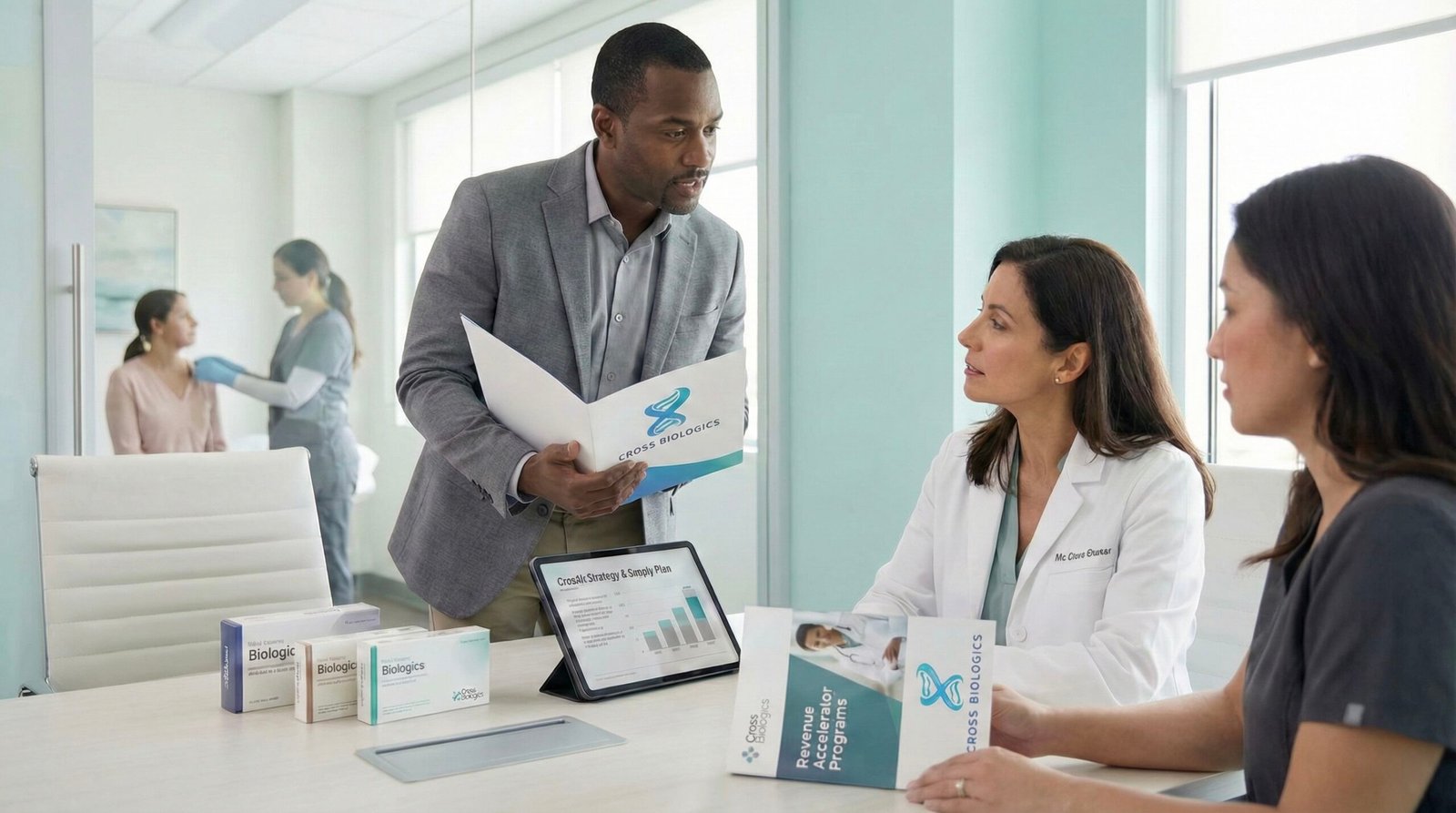 A Cross Biologics consultant reviewing a growth strategy graph on a tablet with clinic owners during a Revenue Accelerator coaching session, with program brochures and biologic samples on the table.