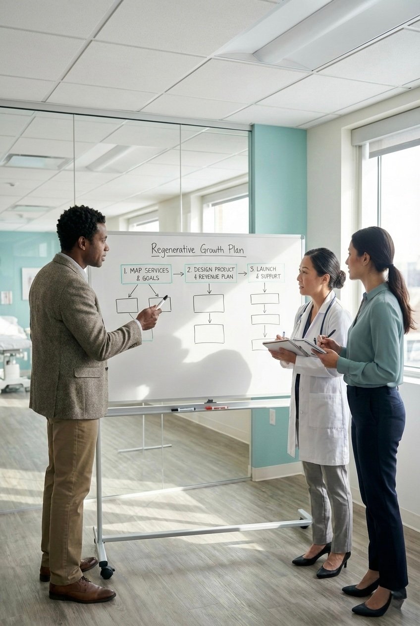 A Cross Biologics consultant, a doctor, and a clinic staff member discussing a 'Regenerative Growth Plan' flowchart on a whiteboard during a strategic meeting in a modern clinic.